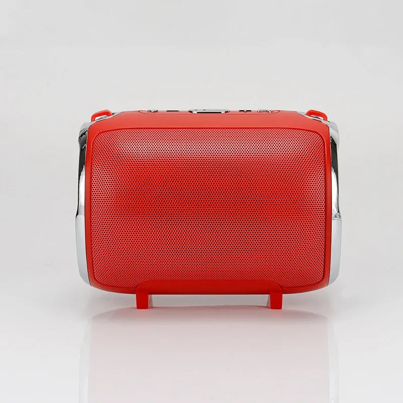 Portable metal subwoofer speaker with USB port and button controls in black, blue, golden, red, or silver.