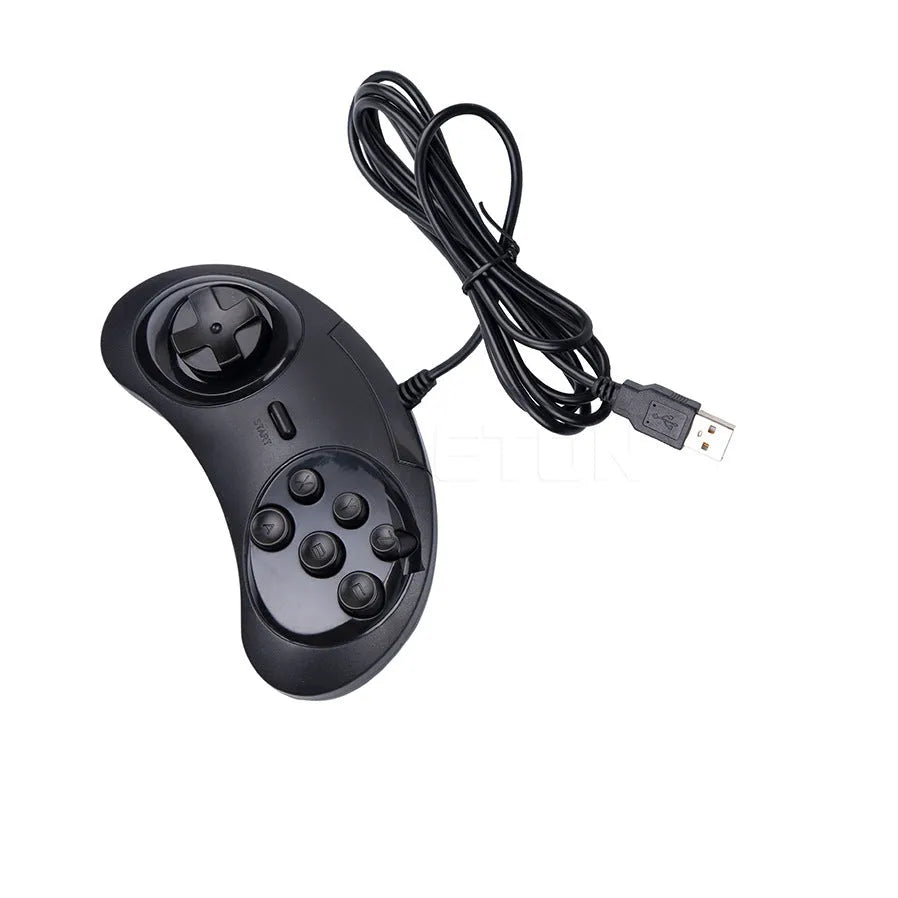 Black Sega-style USB wired PC game controller with 1.8-metre cable on a desk.
