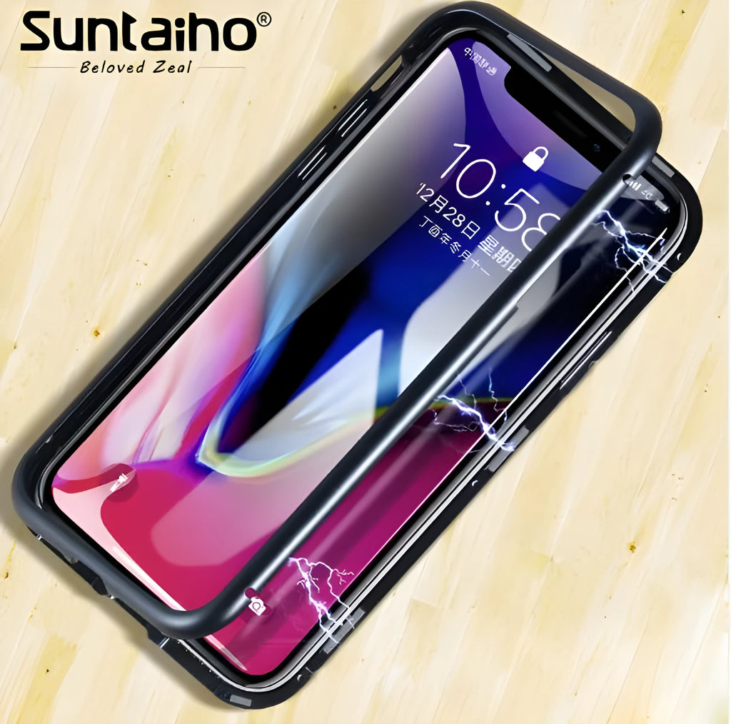Magnetic adsorption phone case with tempered glass back for iPhone, shown in black, red and transparent finishes