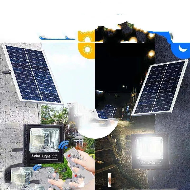 Black Cornucopia solar-powered LED flood light mounted on a garden wall with remote control.