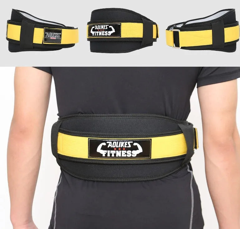 Nylon fitness weightlifting waistband for adults in black, red, or yellow.