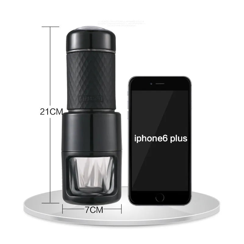 Portable manual espresso coffee machine in multiple colours showing compact design