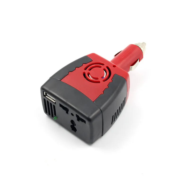Black and red 150W car power inverter measuring 115x65x41mm converts 12V DC to 110V AC with USB output