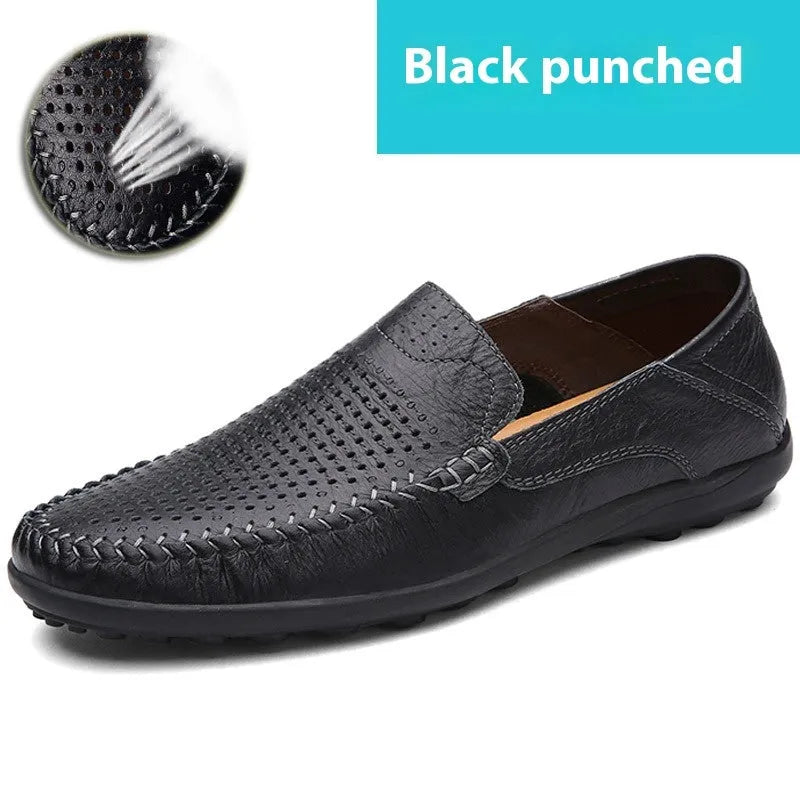 Men's cowhide leather shoes with round toe and flat heel in black, brown, and dark brown colour options