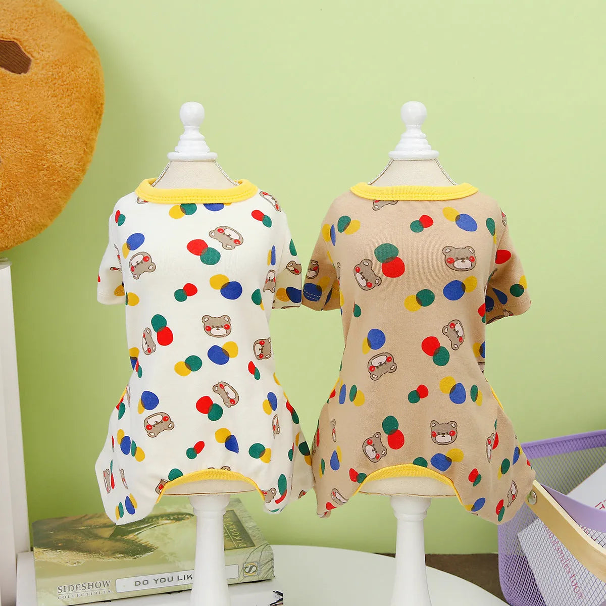 Dog pet clothes with colourful ball bear design in beige or light brown, cotton blend, sizes S-XXL