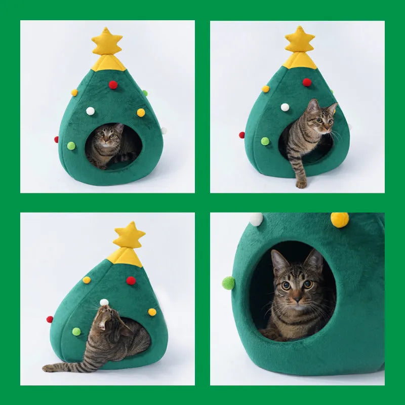 Christmas tree shaped plush teddy cat nest cave bed in warm colours with size dimensions