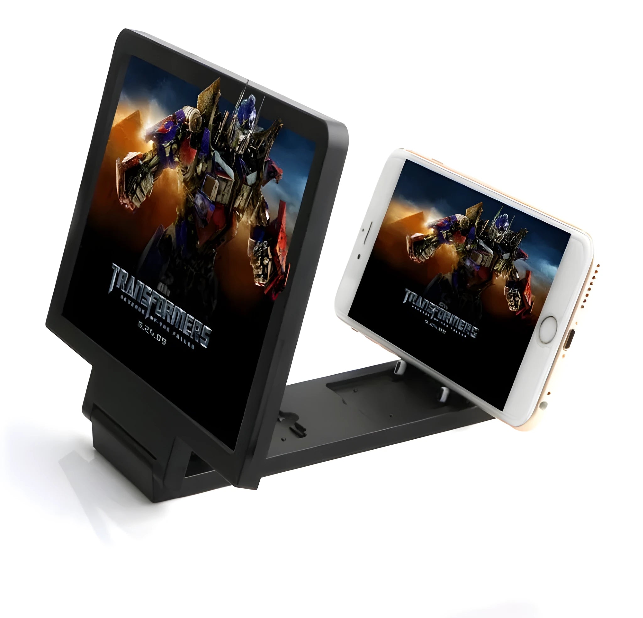Black and white mobile phone stand with radiation-proof 3D screen amplifier for hands-free viewing