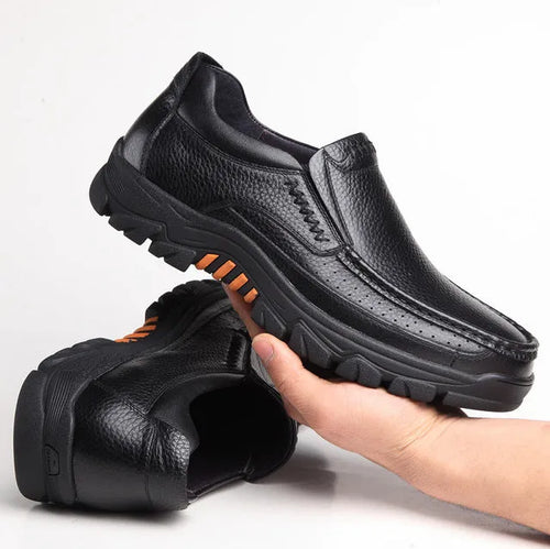Men's black and brown business casual slip-on shoes with cowhide upper and rubber sole