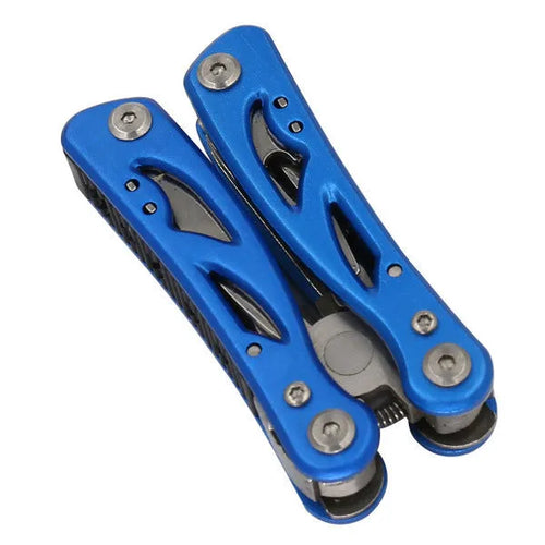 Blue folding multi-function pliers with fruit knife tool showing open and closed positions