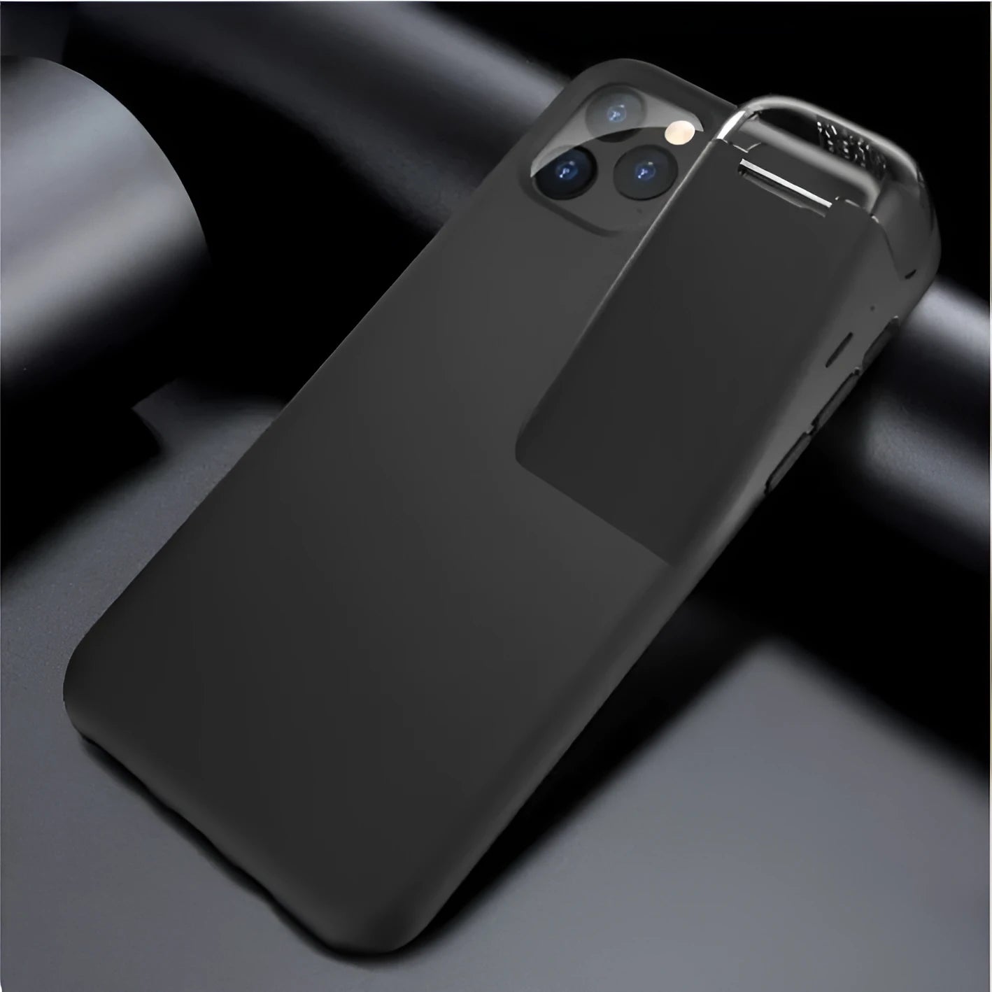 Black matte acrylic and silicone airpods case cover attached to an iPhone charging case