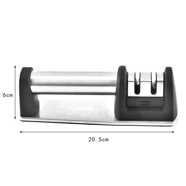 Black multi-purpose kitchen sharpener with stainless steel holes for knives, scissors, and screwdrivers on a non-slip ABS plastic body.