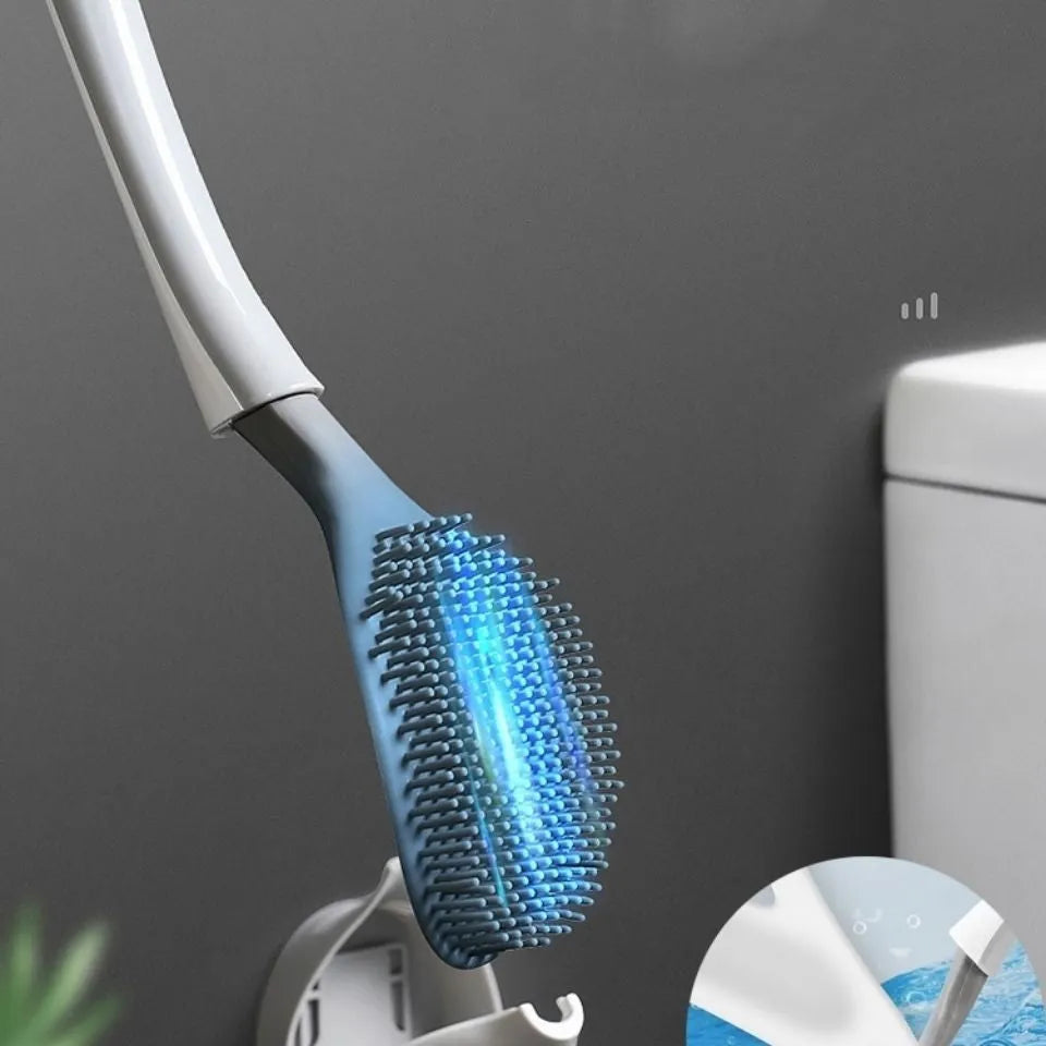 Silicone bathroom cleaning kit brush with soft rubber head and ergonomic handle in black