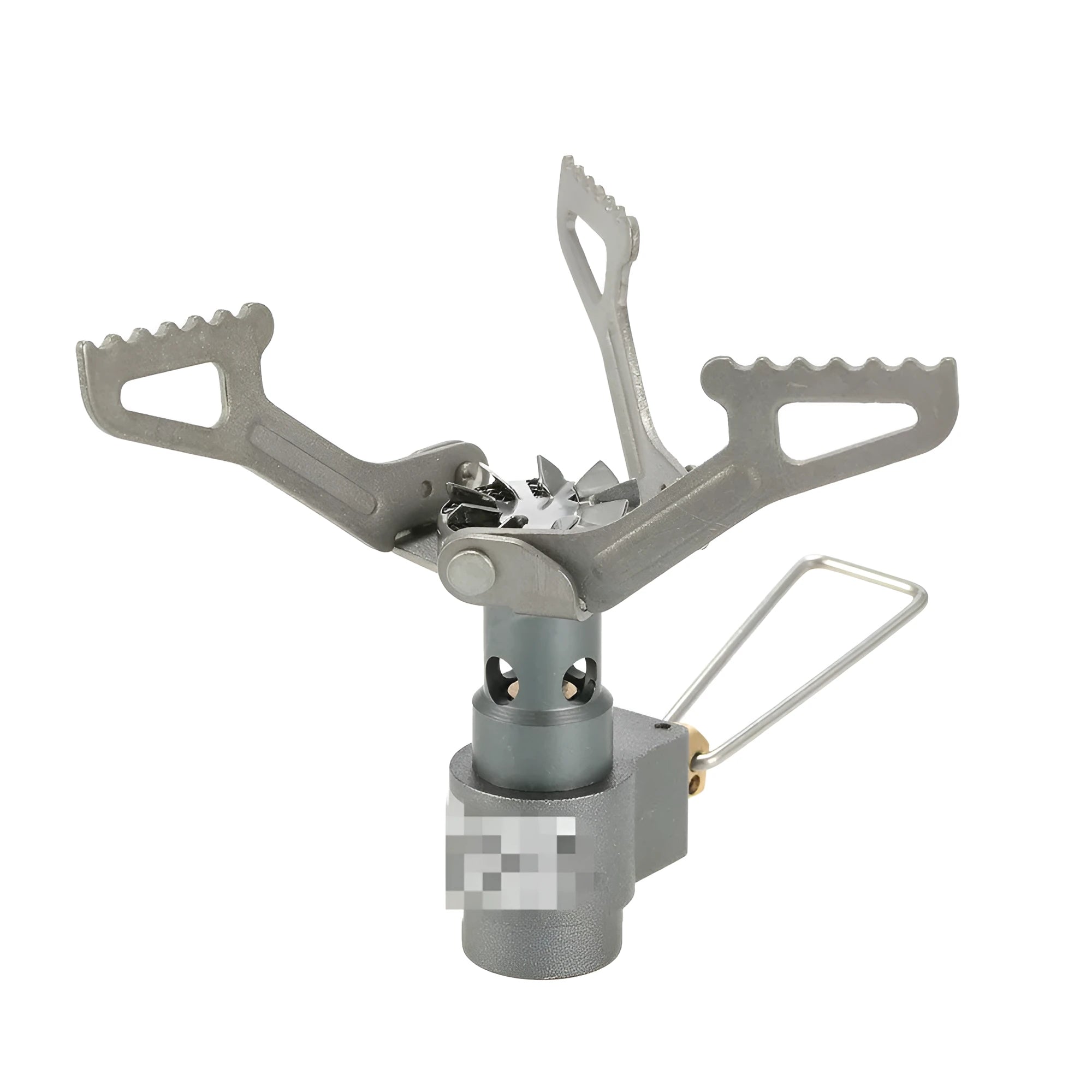 Compact one-piece propane camping stove on rocky ground, fuel canister attached, with a pot boiling.