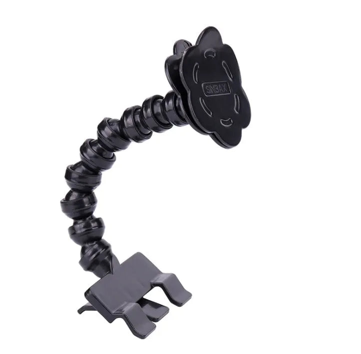 Black pet selfie stick with square and flower smartphone clips on white background
