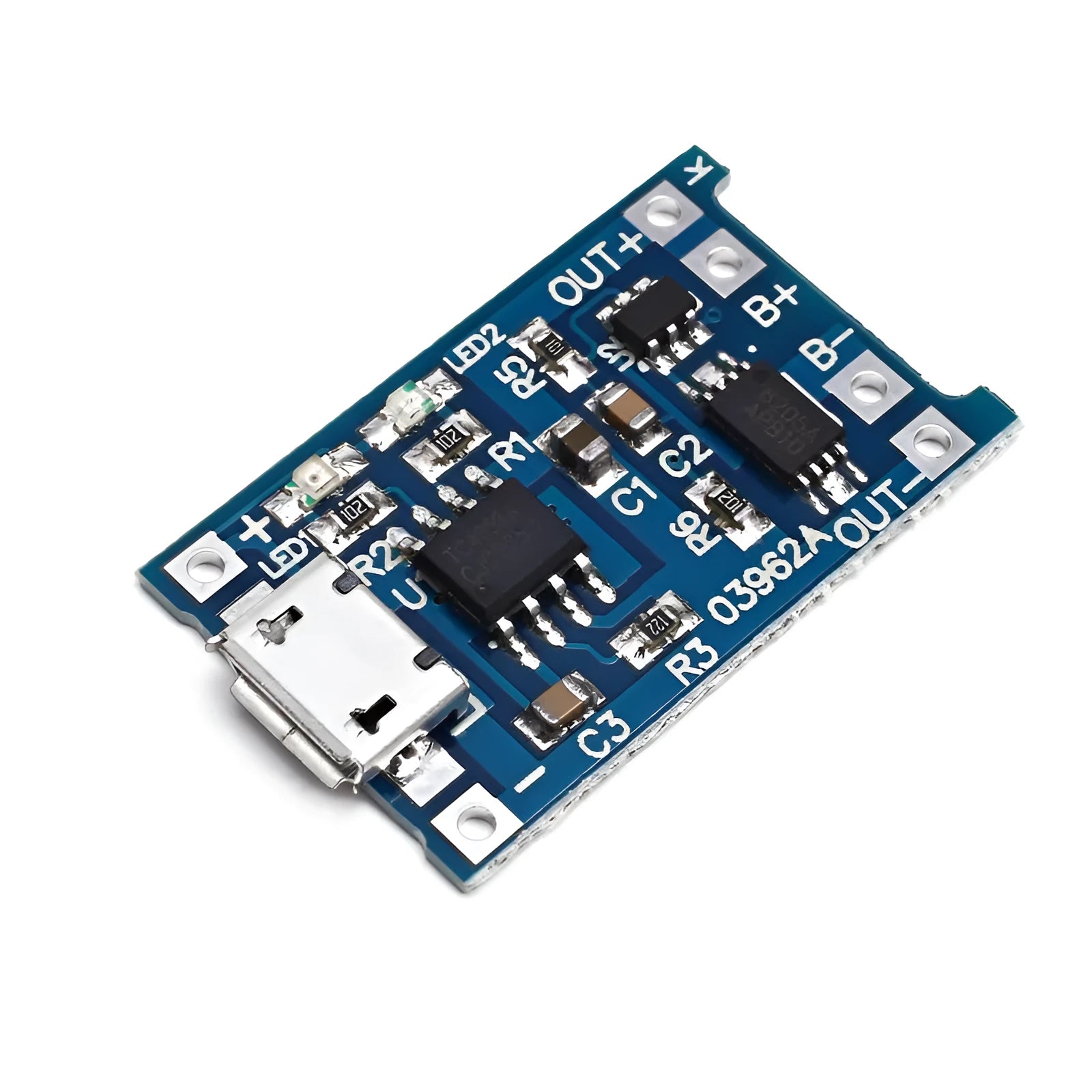 Small blue lithium battery charging and protection circuit board with solder pads, measuring 2.6cm by 1.7cm.