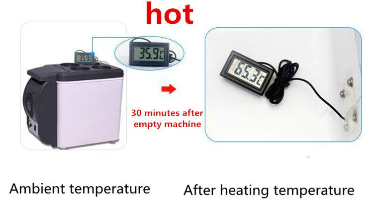 6L mini fridge dual-use 12V 220V in black, 25cm x 30cm x 16.5cm, with cooling and heating modes