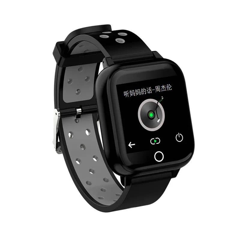 Black smart watch bracelet with integrated Bluetooth earbuds stored in watch case showing 1.4 inch touchscreen