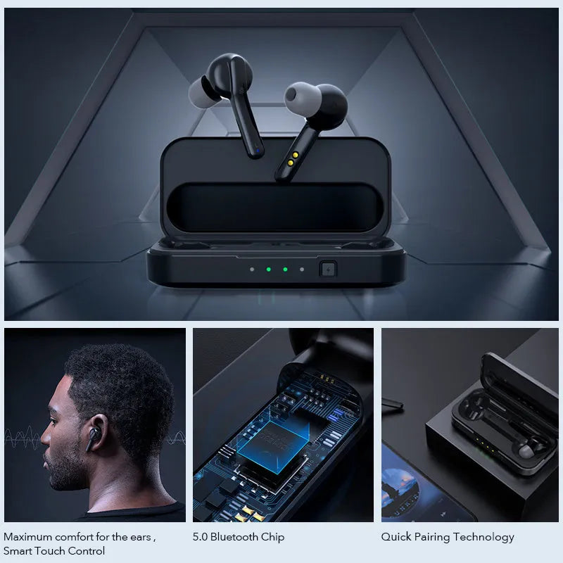 Black and white true wireless stereo earbuds with a charging case on a table