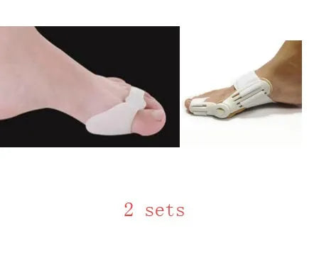 Silicone bunion corrector with double-hole SEBS toe separator for hallux valgus, in skin colour or white.