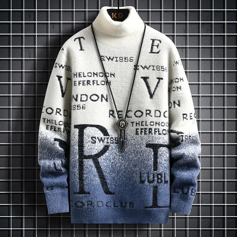 Men's gradient mink fleece turtleneck sweater, slim fit, long sleeve, high collar, nylon blend, rice and green colour