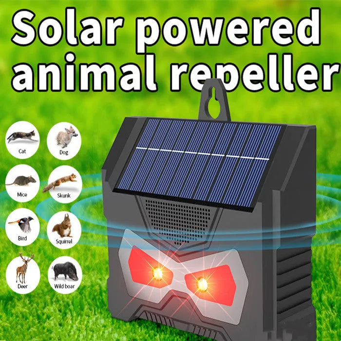 Black solar-powered ultrasonic animal repeller for garden and yard protection