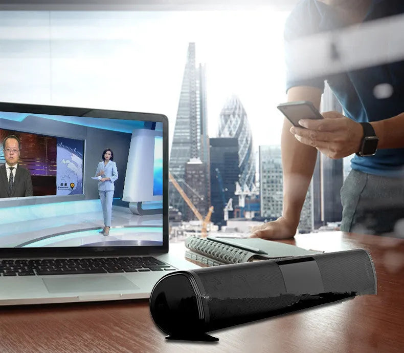 Black high-power Bluetooth sound bar speaker, 58.5cm long, with multiple control buttons and ports.