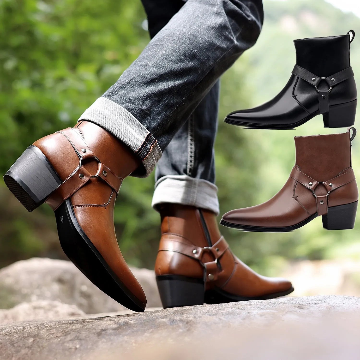 Unisex black chain boots with side zipper, square toe, and decorative rivets on a textured PU upper