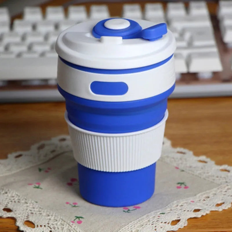 Collapsible silicone travel mug shown in expanded and folded states with colour options