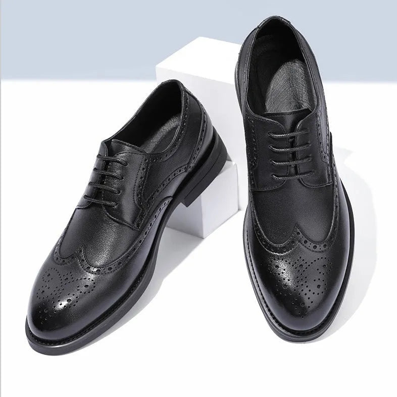 Men's black and brown brogue business shoes with traditional detailing and PU leather construction