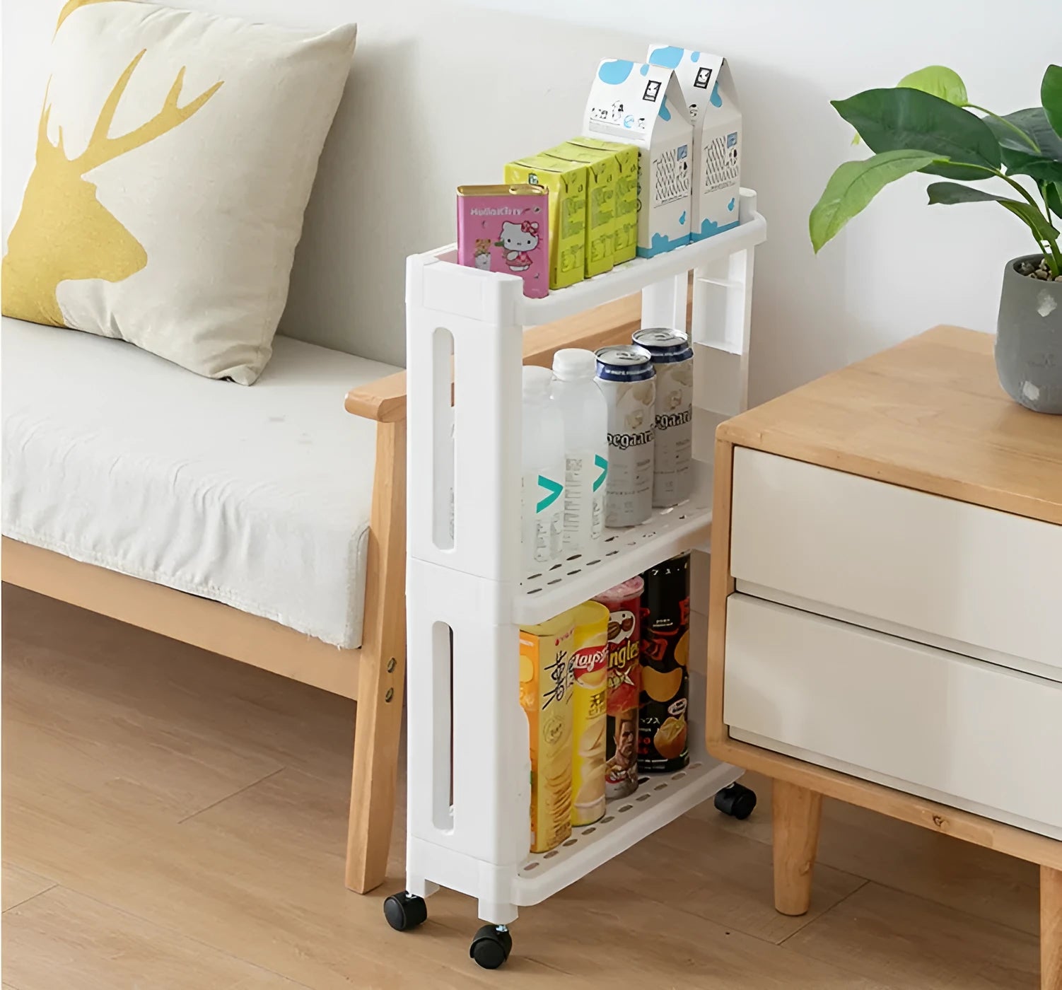 Plastic kitchen storage rack with wheels, multi-layer, narrow gap design, white colour