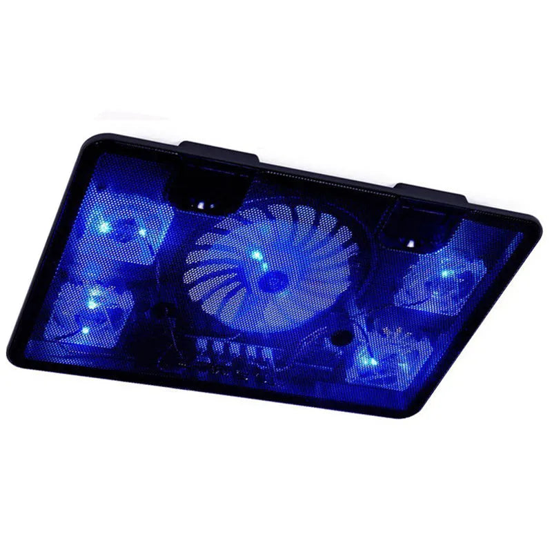 Naju N5 ultra-thin black notebook cooler with 1 large 14.5cm fan and 4 small 5.5cm fans, iron mesh panel, 38cm x 26cm x 2.3cm.
