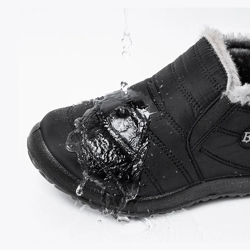 Men's waterproof snow boots with plush lining, non-woven upper, EVA outsole, slip-on ankle design.