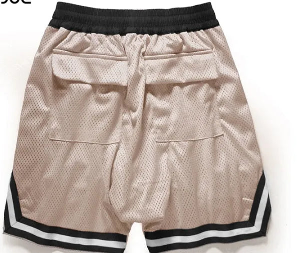 Men's elastic waist baggy sports shorts with zip fly, front view, black colour