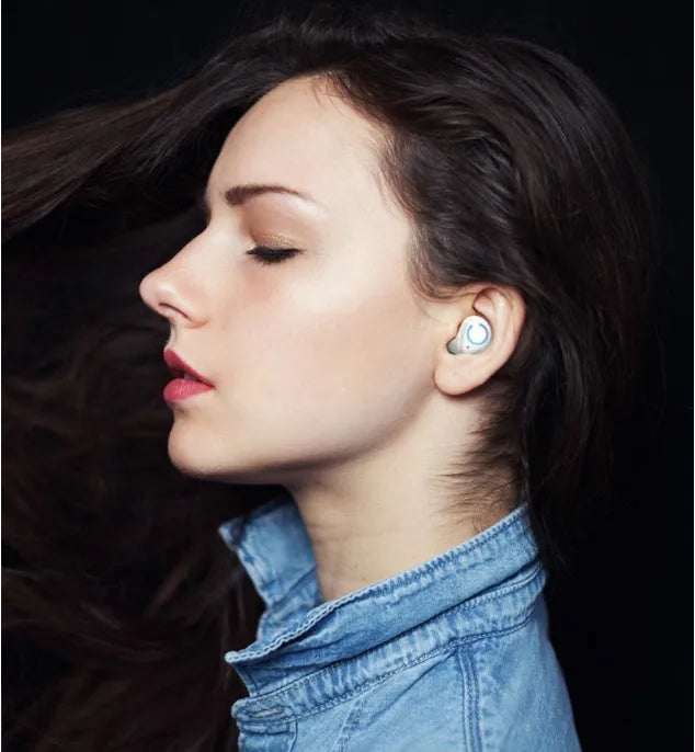 M18 true wireless stereo headset in black and white colour options showing earpieces and charging case