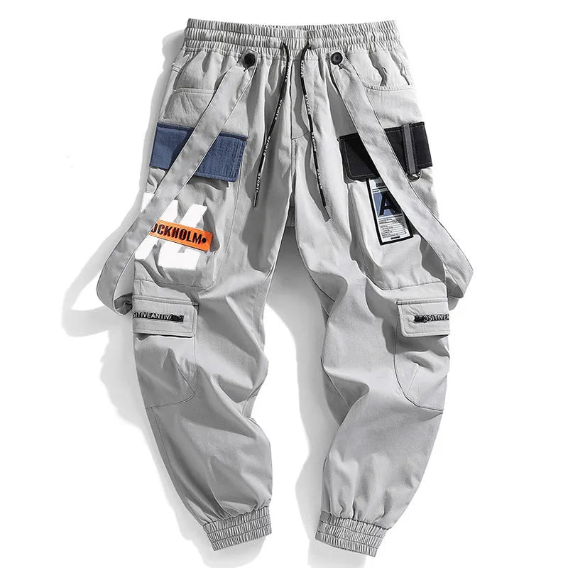 Men's multi-pocket loose fit workwear casual pants in black, grey, and light green with T400 cotton fabric