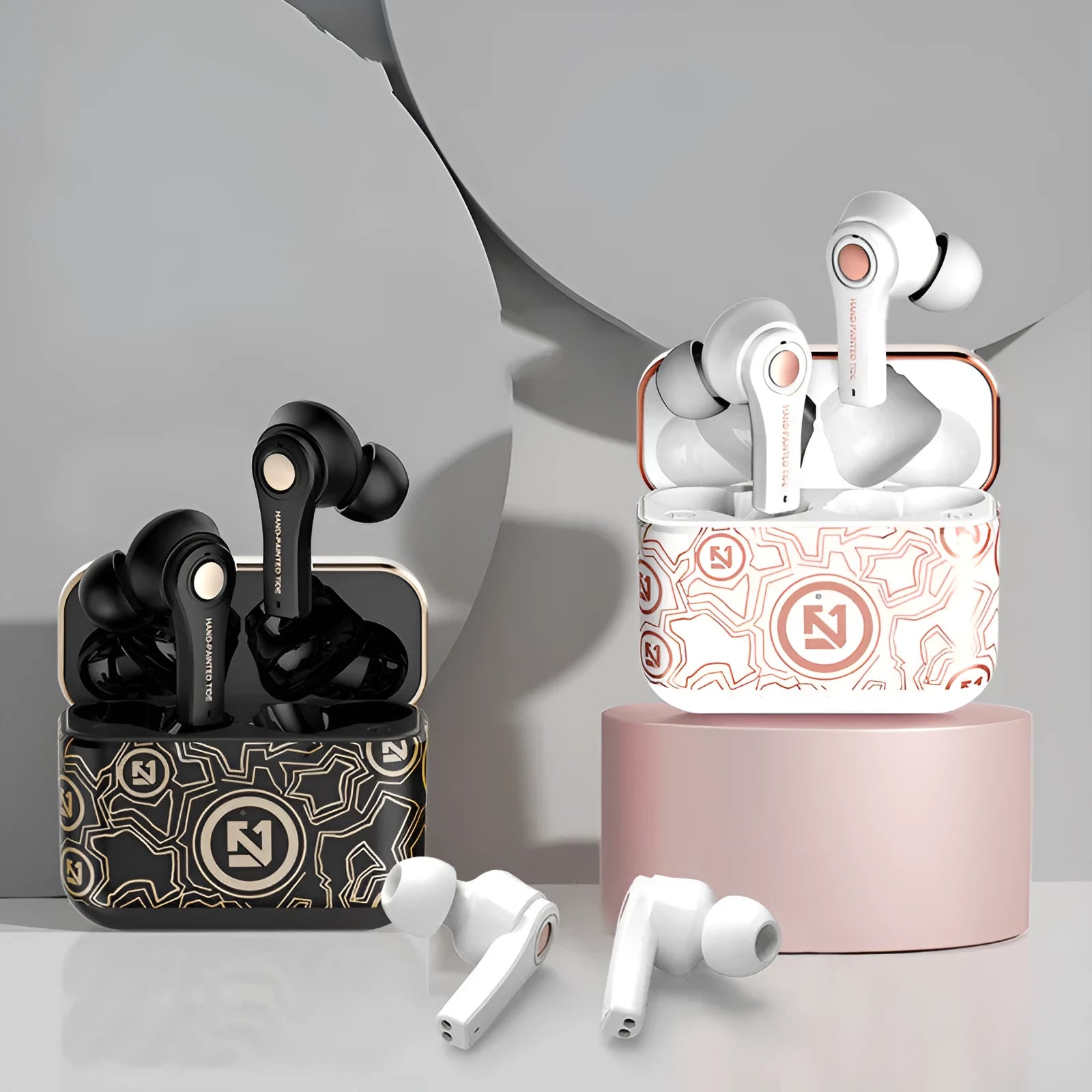 Black and white TWS wireless headphones with touch controls in charging case