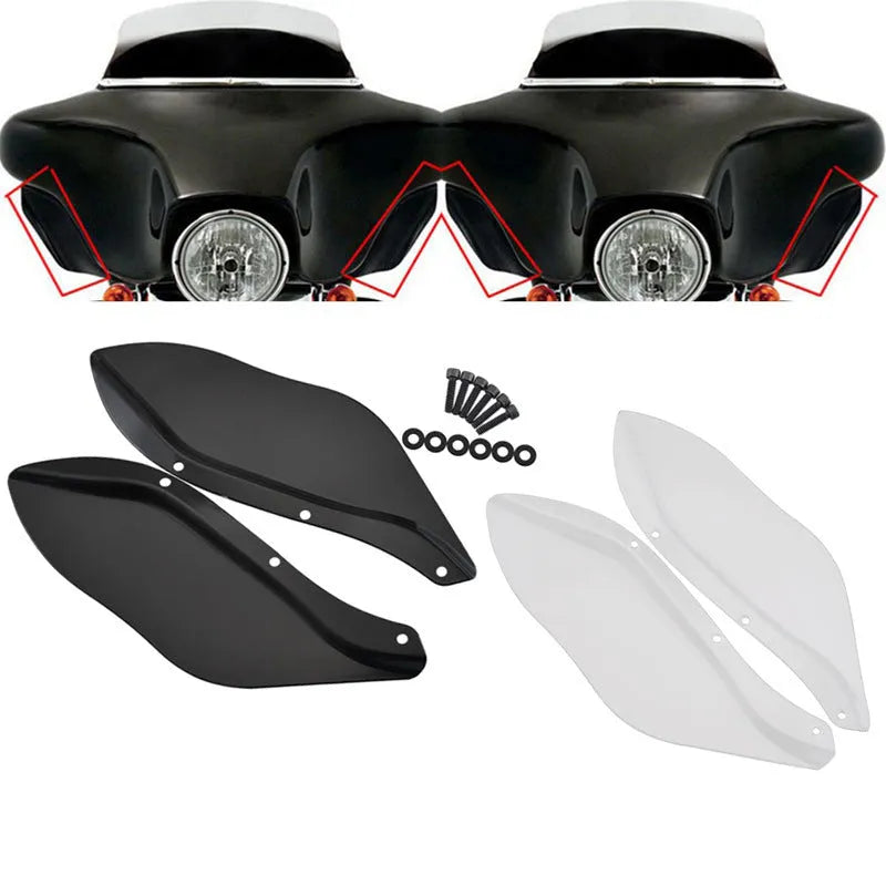 Pair of black and transparent ABS plastic side windshield head covers for Harley Davidson motorcycle.