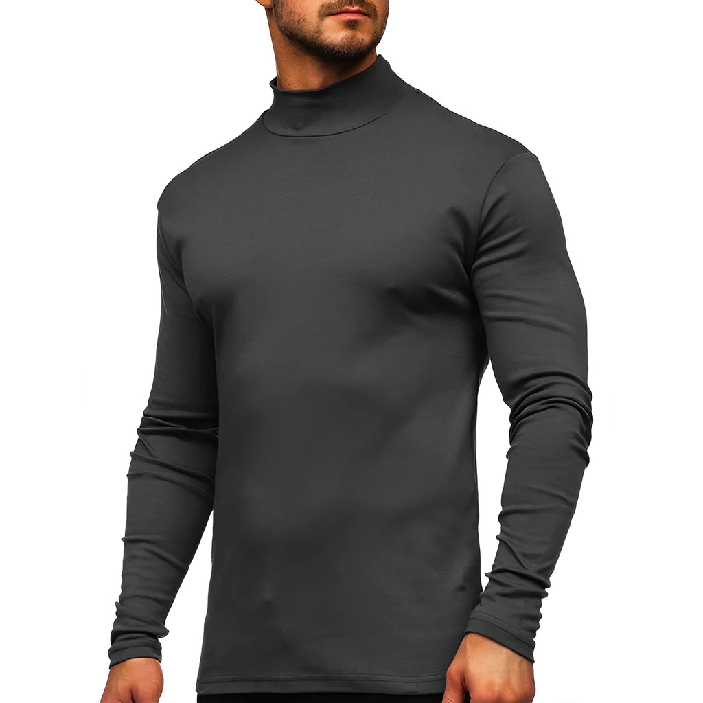 Men's autumn winter Dralon polyester high-neck long-sleeve pullover in solid colour, slim fit, US sizes S-2XL