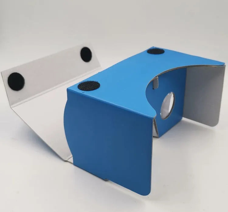 Pink and white VR cardboard glasses for 6-inch smartphones with adjustable head strap.