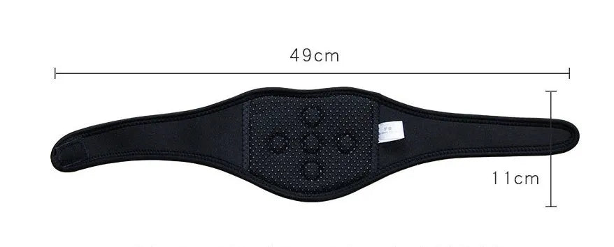 Black self-heating magnetic therapy neck guard with adjustable shoulder strap shown flat.