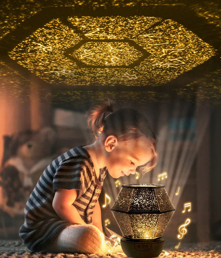 Children's rotating stars LED night light showing star projection effects in bedroom setting
