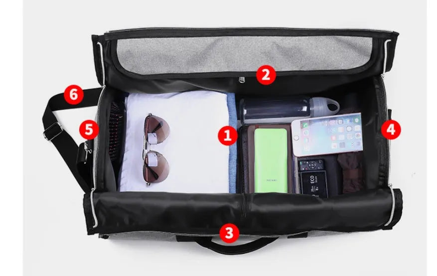 Cylinder-shaped medium travel bag in Oxford cloth, shown in black with a zipper opening.