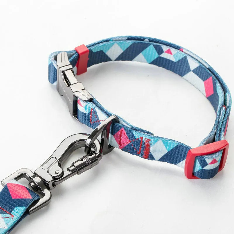 150cm dog lead in polyester with heat transfer printing and zinc alloy fittings, shown in S M L widths