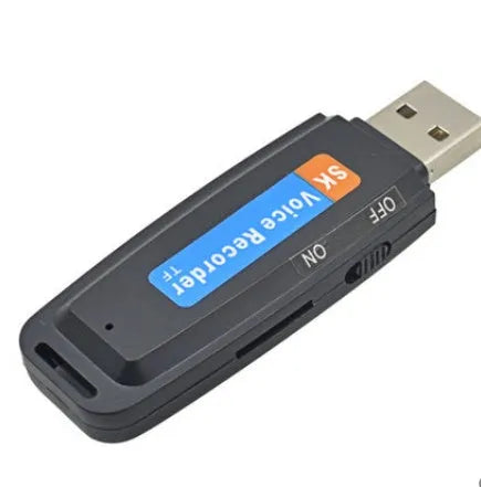 Black and white USB flash drive with voice playback function showing dimensions of 70mm length