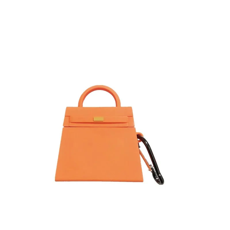 Silicone anti-drop earphone case for Apple AirPods 1 and 2 in black or orange, clamshell bag shape.
