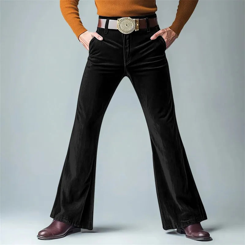 Men's gold velvet slim flared suit trousers in black, dark red, green, blue, khaki, brown or yellow