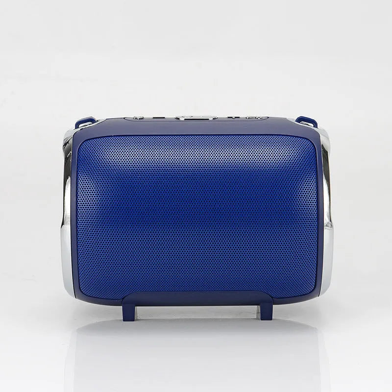Portable metal subwoofer speaker with USB port and button controls in black, blue, golden, red, or silver.