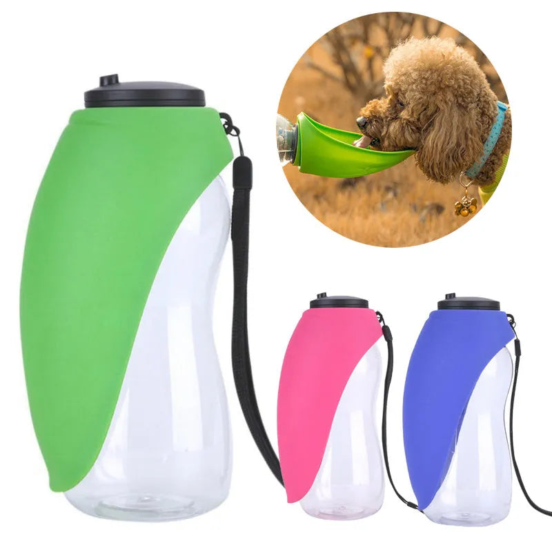 Portable pet water bottle with drinking bowl in blue, green, red, or orange colours