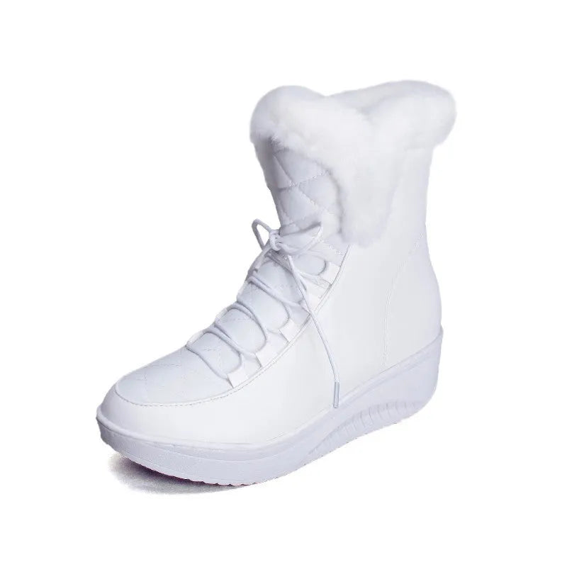 Women's black lace-up winter boots with a platform sole and plush lining.