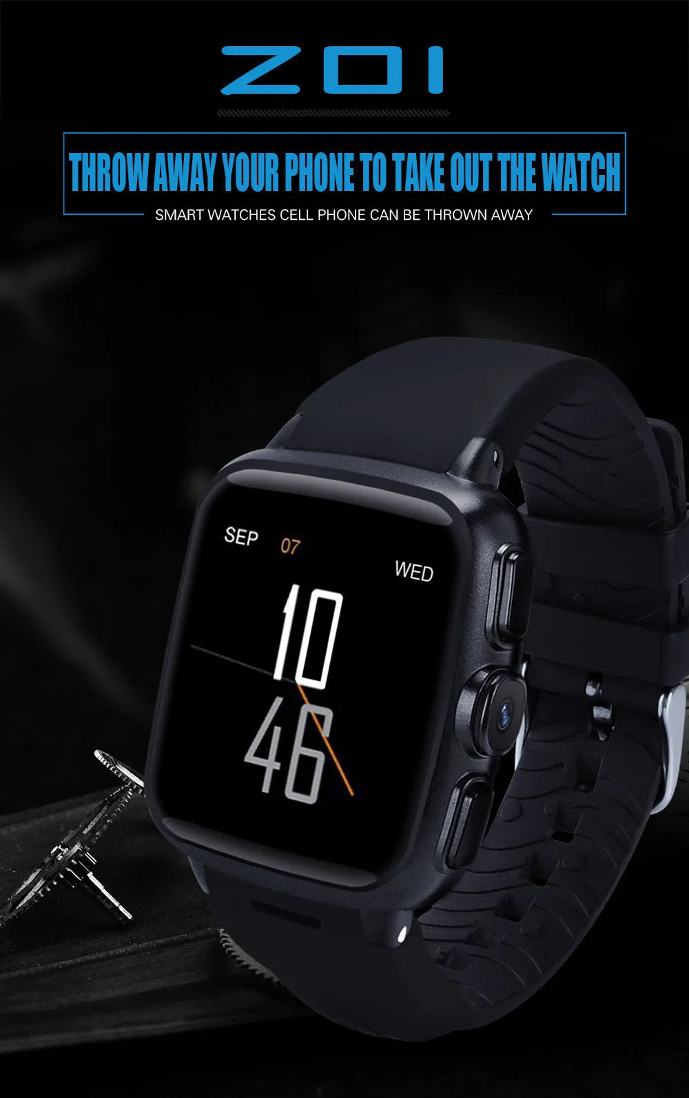 Black and white Z01 smart watch with 1.54-inch screen and integrated camera.